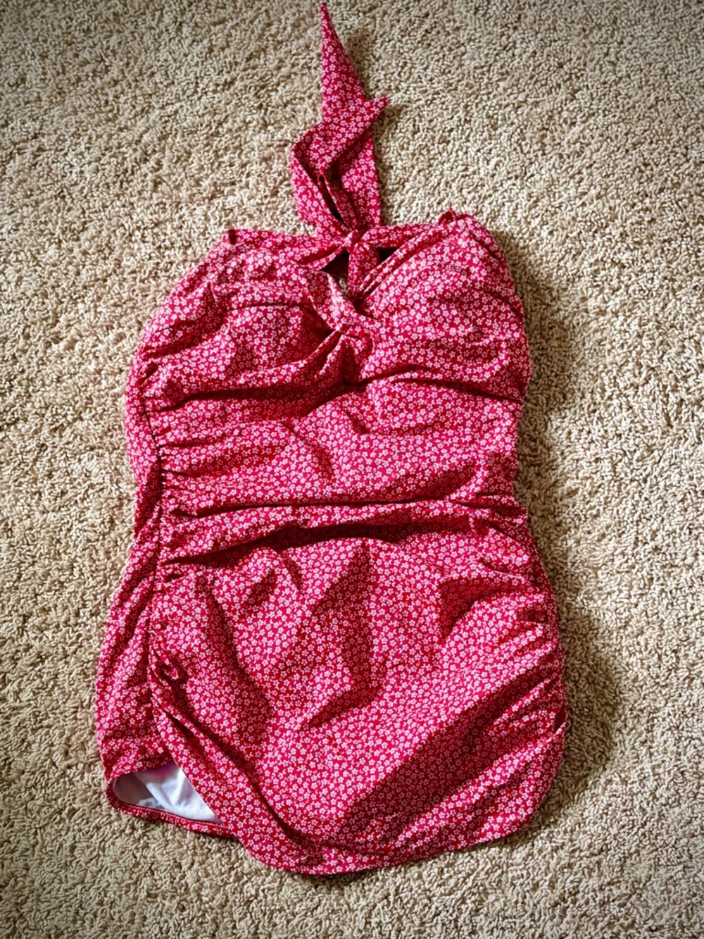 Red Floral Halter Ruched One-Piece Swimsuit